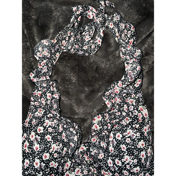 Mandee Ruffle Halter Top Womens L Black Floral Tie Neck Blouse Babydoll Y2K - Picture 4 of 8